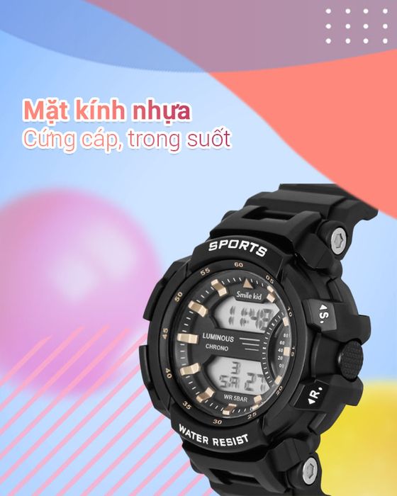Đồng hồ trẻ em Smile Kid SL064-01 có mặt kính nhựa trong suốt, độ bền tốt
