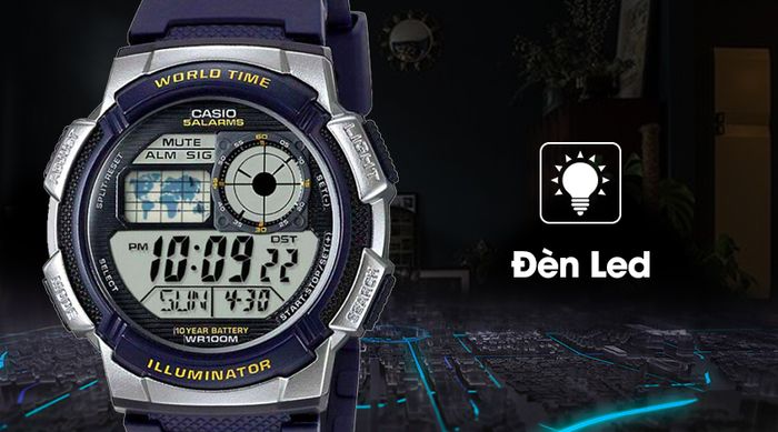 Đồng hồ nam Casio AE-1000W-2AVDF trang bị đèn led chiếu sáng mạnh