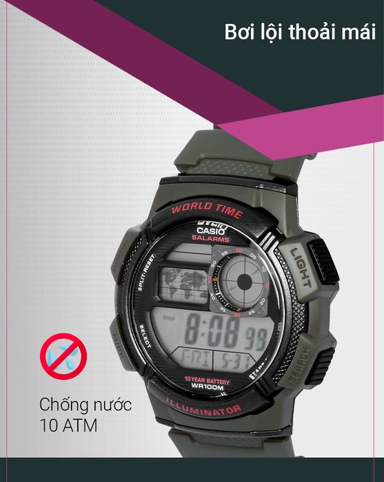 Đồng hồ nam Casio AE-1000W-3AVDF có hệ số chống nước 10 ATM