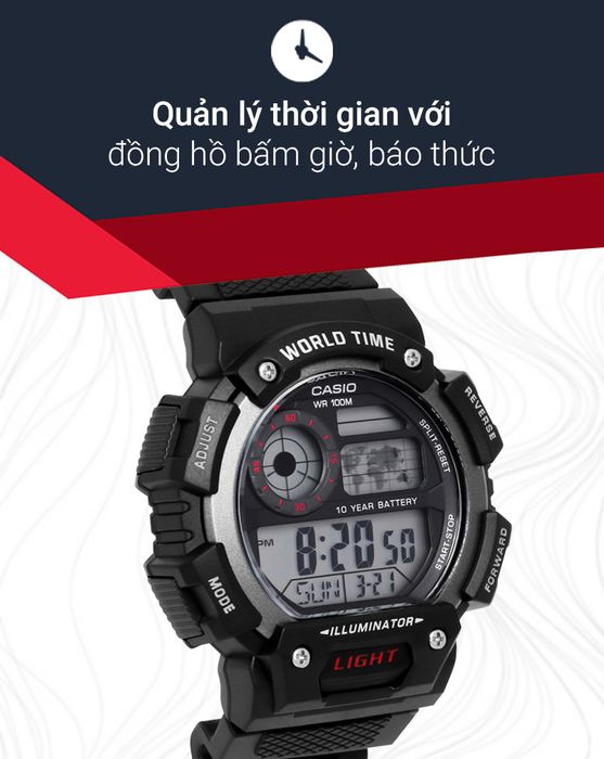 Đồng hồ Nam Casio AE-1400WH-1AVDF có đồng hồ bấm giờ và báo thức tiện dụng