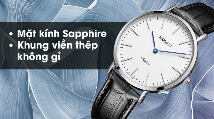 Đồng hồ nữ Nakzen SL4050LBK-7 sở hữu mặt kính Sapphire, khung viền bằng thép chống ăn mòn
