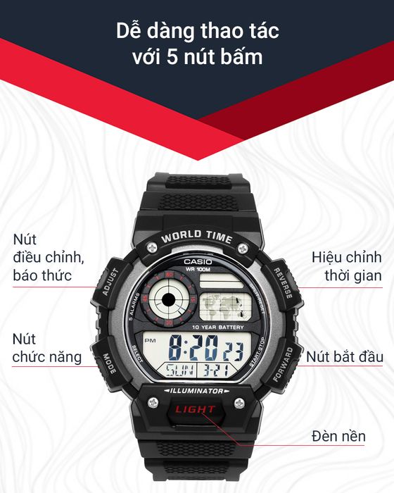 Đồng hồ Nam Casio AE-1400WH-1AVDF có các nút bấm tiện dụng