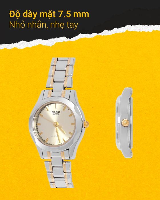 Đồng hồ nữ Casio LTP-1275SG-9ADF có độ dày mặt 7.5 mm