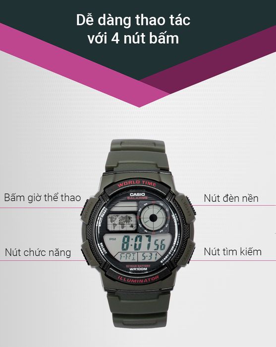 Đồng hồ nam Casio AE-1000W-3AVDF với 4 nút bấm đa chức năng