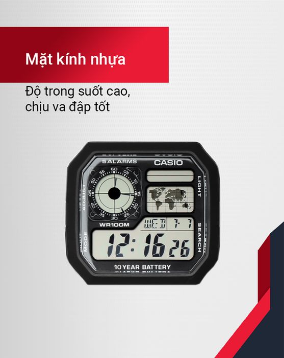 Đồng hồ Nam Casio AE-1200WHD-1AVDF có mặt kính trong suốt, cứng cáp