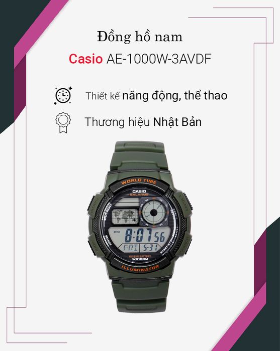 Đồng hồ nam Casio AE-1000W-3AVDF có thiết kế năng động, cá tính