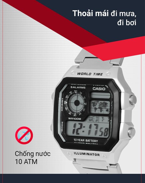 Đồng hồ Nam Casio AE-1200WHD-1AVDF có chỉ số chống nước 10 ATM