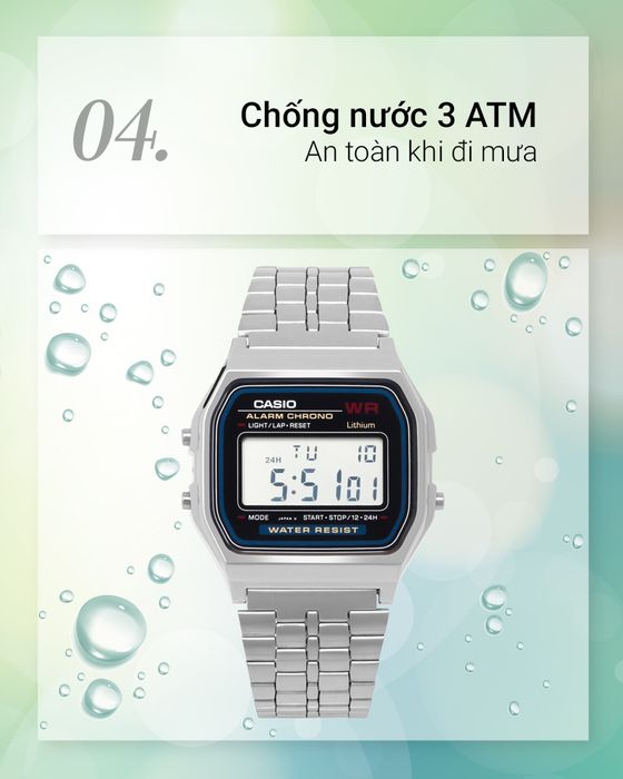 Đồng hồ unisex Casio A159WA-N1DF có hệ số chống nước 3 ATM