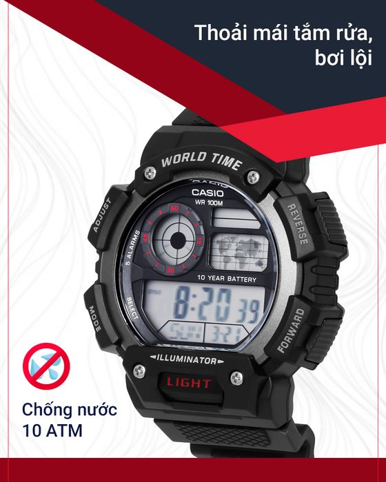 Đồng hồ Nam Casio AE-1400WH-1AVDF có hệ số chống nước 10 ATM