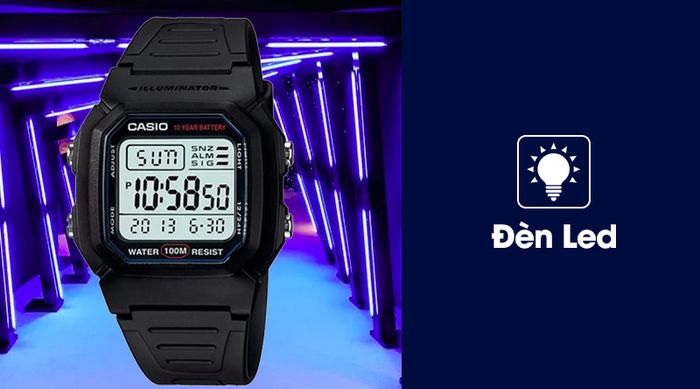 Đồng hồ nam Casio W-800H-1AVDF trang bị đèn led chiếu sáng mạnh