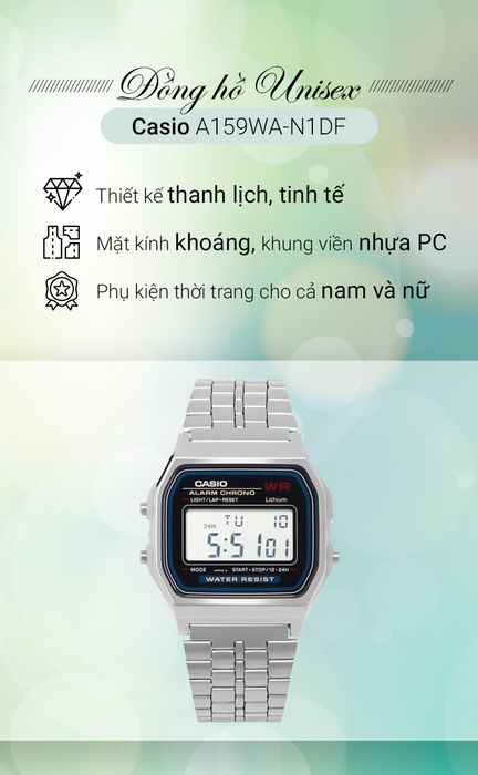 Đồng hồ unisex Casio A159WA-N1DF có thiết kế trẻ trung