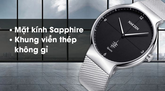 Đồng hồ nam Nakzen SS4051G-1 sở hữu mặt kính Sapphire, khung viền bằng thép chống gỉ