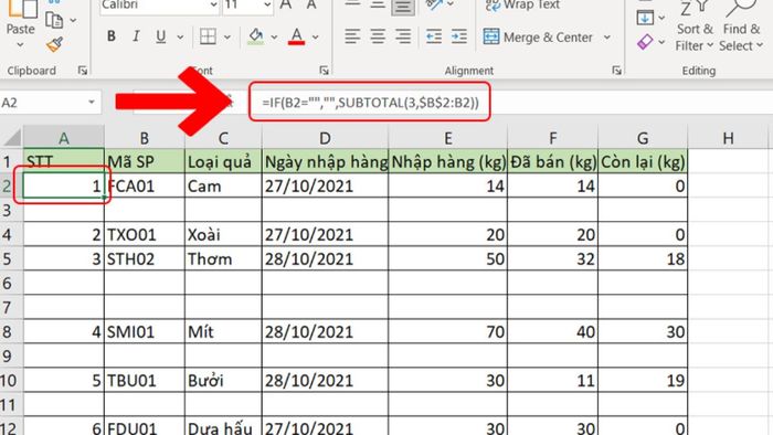 Hướng dẫn đánh số thứ tự trong Excel khi xóa dòng bằng hàm IF kết hợp SUBTOTAL