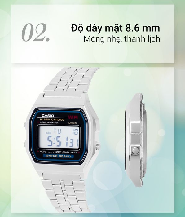 Đồng hồ unisex Casio A159WA-N1DF có mặt đồng hồ thanh lịch