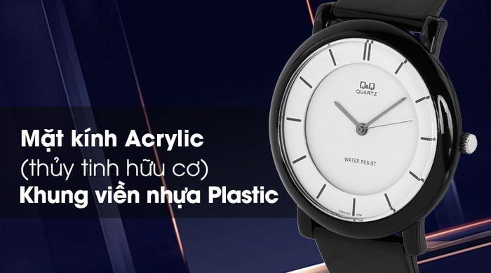Đồng hồ nam Q&Q VQ94J001Y có khung viền nhựa chắc chắn, mặt kính cứng cáp