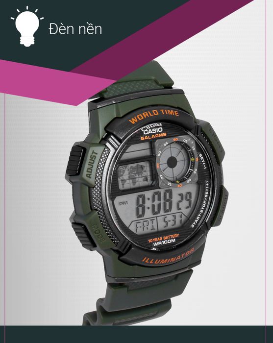 Đồng hồ nam Casio AE-1000W-3AVDF có đèn nền chiếu sáng tốt