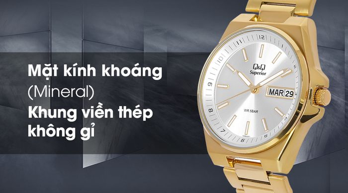 Đồng hồ nam Q&Q S396J001Y có mặt kính trong suốt, khung viền chống ăn mòn