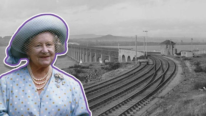 A photo illustration featuring Queen Elizabeth the Queen Mother with the Tay Rail Bridge in the background.
