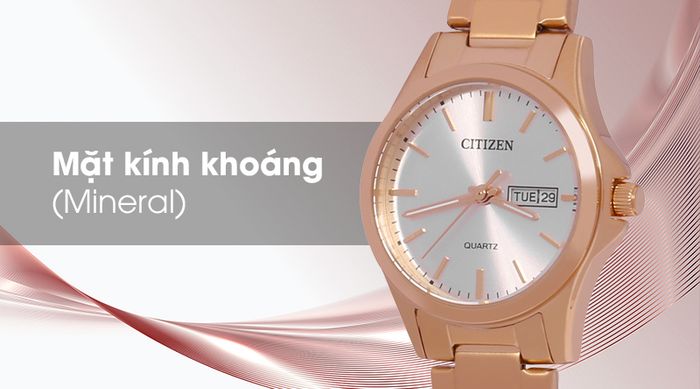 Đồng hồ nữ Citizen EQ0593-85P được trang bị mặt kính có độ bền khá, ít trầy xước, nứt vỡ