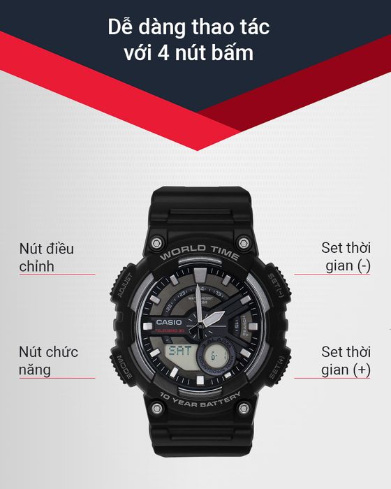 Đồng hồ nam Casio AEQ-110W-1AVDF với 4 nút bấm dễ dàng thao tác