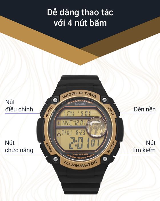 Chức năng các nút nhấn trên Đồng hồ Nam Casio AE-3000W-9AVDF