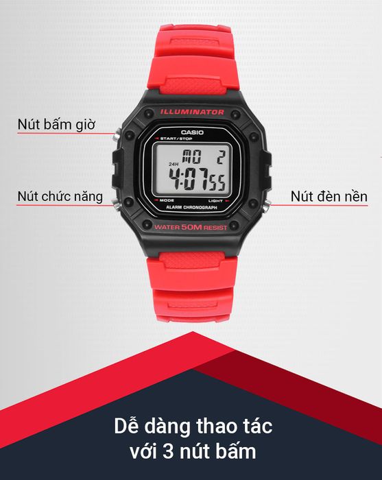 Các nút trên đồng hồ Nam Casio W-218H-4BVDF
