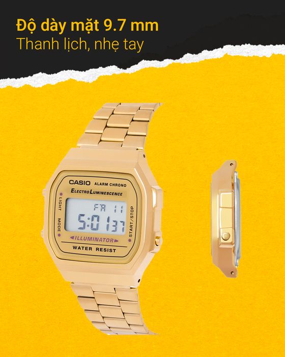 Đồng hồ Unisex Casio A168WG-9WDF có dộ dày mặt 9.7 mm, đằm tay khi đeo