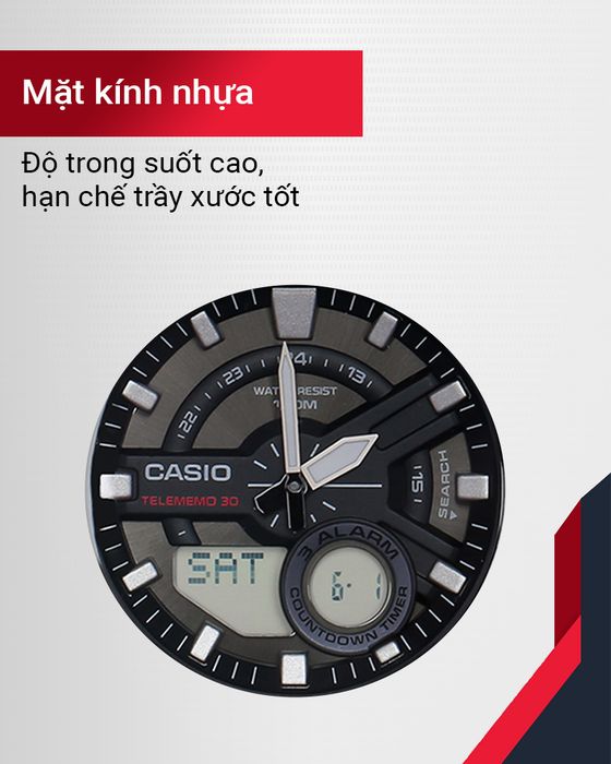 Đồng hồ nam Casio AEQ-110W-1AVDF có mặt kính nhựa trong suốt