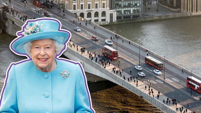 Queen Elizabeth II pictured with an aerial view of London Bridge in the background.