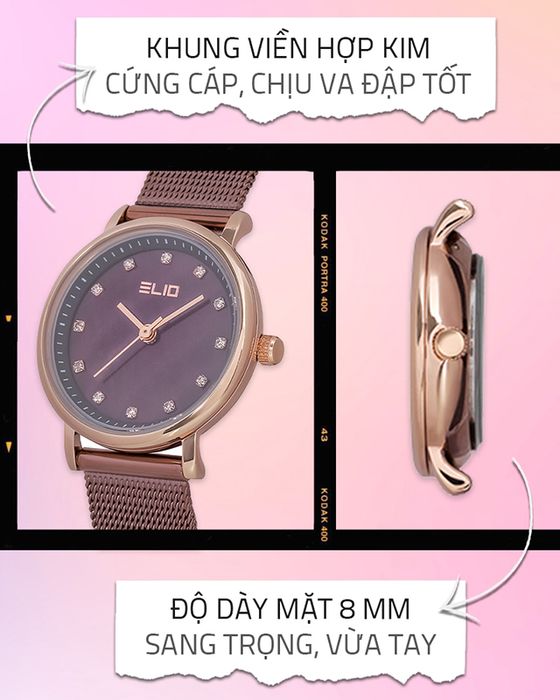 Đồng hồ nữ Elio ES058-02 có lớp vỏ chắc chắn