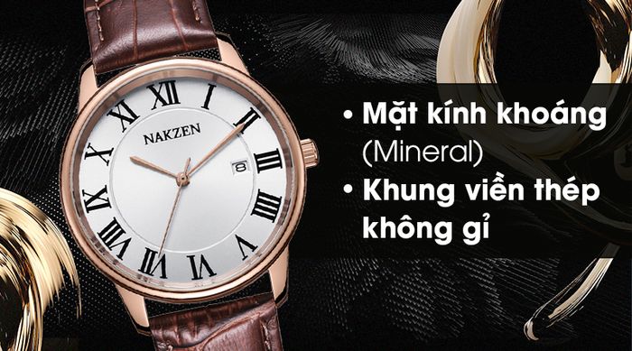Đồng hồ nam Nakzen SL4090GBN-7NR có mặt kính cứng cáp, khung viền bằng thép chống ăn mòn