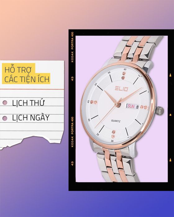 Đồng hồ Nữ Elio ES061-02 có tiện ích lịch thứ, lịch ngày
