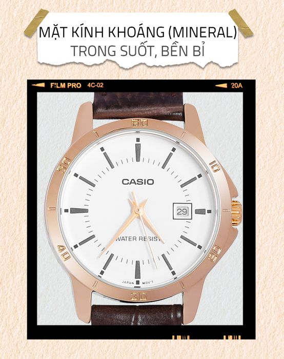 Đồng hồ nữ Casio LTP-V004GL-7AUDF có mặt kính khoáng trong suốt