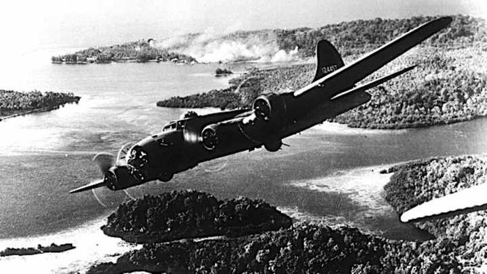 During World War II, an American bomber executed a strategic move against Japanese troops stationed in the Solomon Islands.