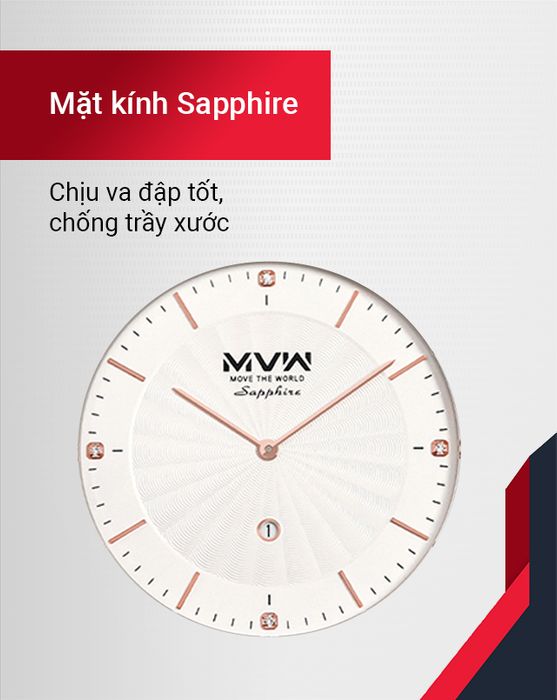 Đồng hồ Nam MVW MS070-02 sở hữu đường kính mặt Sapphire có độ trong suốt cao
