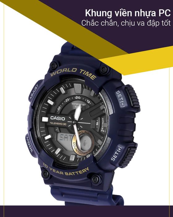 Đồng hồ Nam Casio AEQ-110W-2AVDF có khung viền nhựa PC bền bỉ