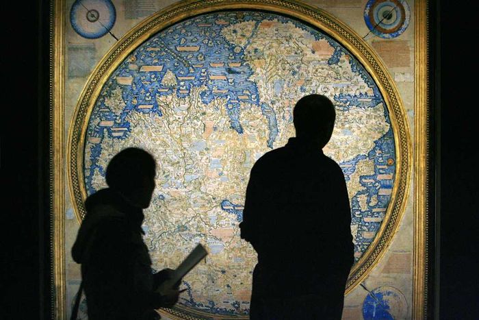 A reproduction of the Fra Mauro map displayed at a museum.