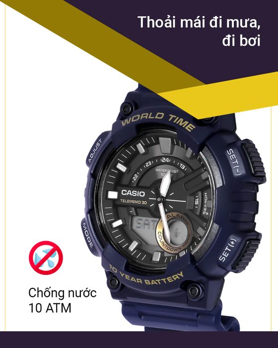 Đồng hồ Nam Casio AEQ-110W-2AVDF có hệ chống nước 10 ATM