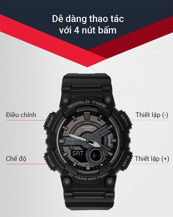 Đồng hồ nam Casio AEQ-110W-1BVDF với 4 nút bấm dễ thao tác