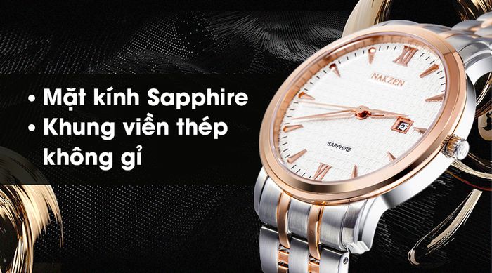 Đồng hồ nam Nakzen SS4010GTR-1NO sở hữu mặt kính Sapphire, khung viền thép chống ăn mòn