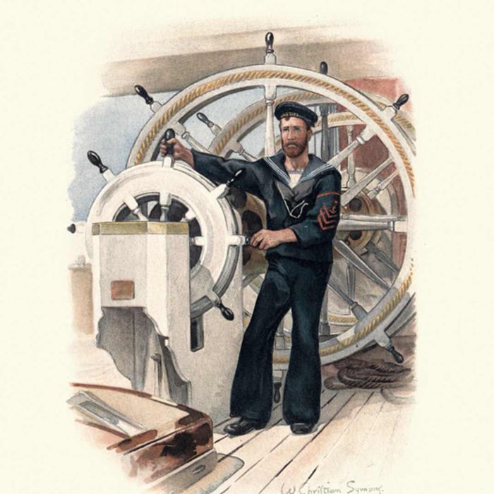 A depiction of a 19th-century Royal Navy petty officer steering a ship's wheel