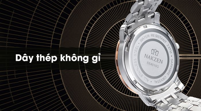 Đồng hồ nam Nakzen SS4010GTR-1NO có dây đeo bền đẹp, chống oxi hóa