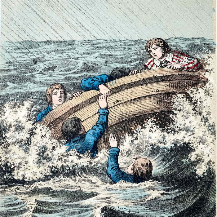 A 19th-century depiction of a capsized boat with three sailors struggling in the water