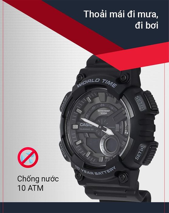 Đồng hồ nam Casio AEQ-110W-1BVDF có hệ số chống nước 100m