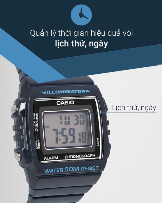 Đồng hồ Nam Casio W-215H-2AVDF có lịch thứ, lịch ngày tiện ích