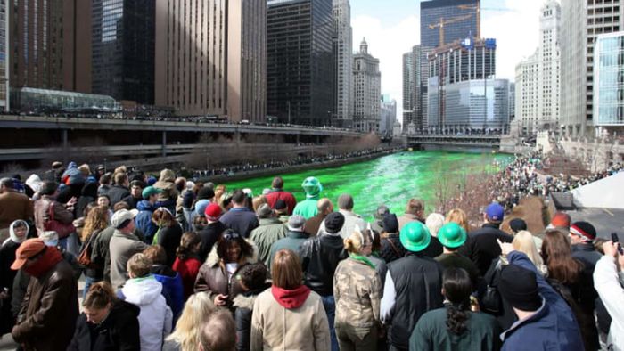 The Chicago River dyed green for St. Patrick’s Day.