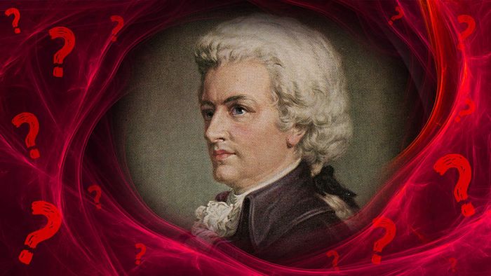 Wolfgang Amadeus Mozart depicted on a red background surrounded by question marks.