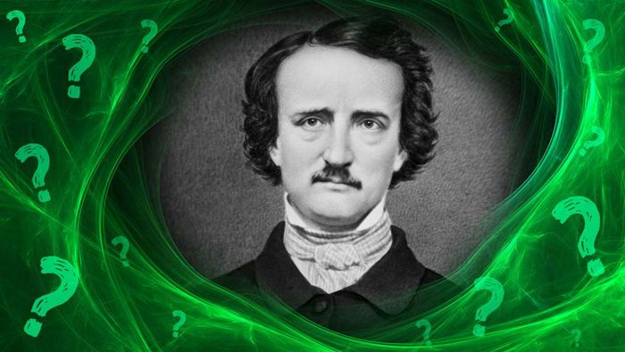 Edgar Allan Poe depicted on a green background encircled by question marks.