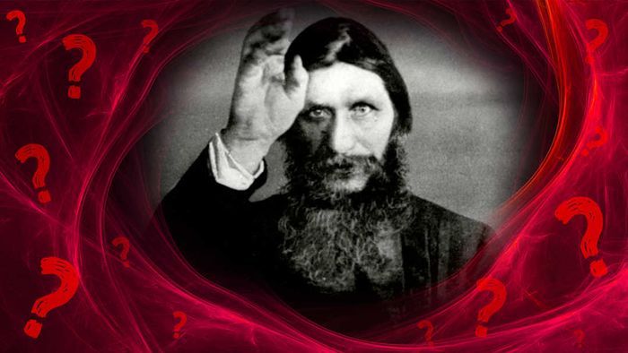 Grigori Rasputin depicted within a red frame surrounded by question marks.
