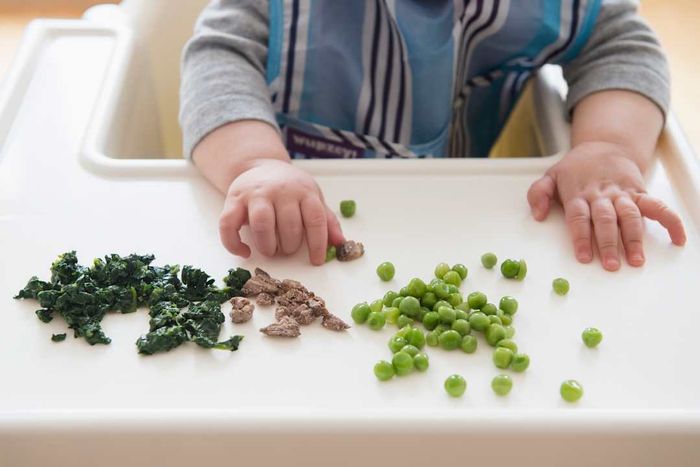 Baby’s hands holding spinach, steak, and peas